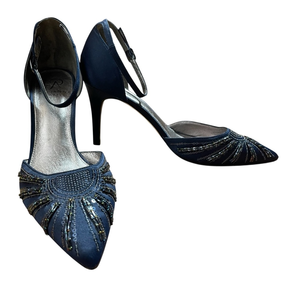 Adrianna Papell Midnight Blue Ankle Strap‎ Heels Sequin Embellishments 9M - Picture 8 of 14